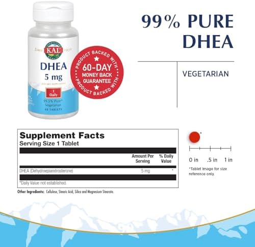 Tabletas KAL DHEA 5 mg - Suplemento DHEA 5mg para Mujeres y Hombres, 99.5% Puro, Soporte Natural Diario, Vegetariano - 60 Tabletas - imagen 2