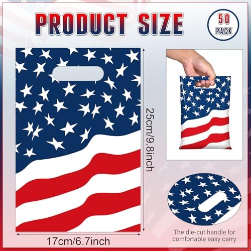 50 Piezas de Bolsas de Favor para Fiesta del 4 de Julio, Bolsas de Plástico Patrióticas con Bandera Americana, Regalos Rojos, Blancos y Azules para - imagen 2