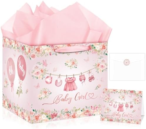 Bolsa de Regalo Jumbo Rosa Floral para Bebé Niña - Extra Grande con Papel de Regalo, Tarjeta, Etiqueta y Sobre para Celebraciones de Nuevos Bebés - imagen 1