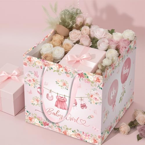Bolsa de Regalo Jumbo Rosa Floral para Bebé Niña - Extra Grande con Papel de Regalo, Tarjeta, Etiqueta y Sobre para Celebraciones de Nuevos Bebés - imagen 2