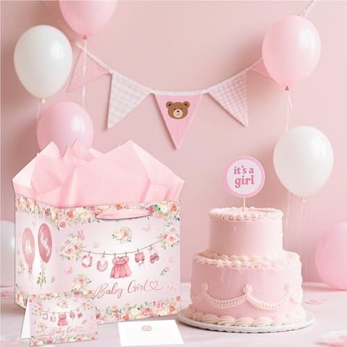 Bolsa de Regalo Jumbo Rosa Floral para Bebé Niña - Extra Grande con Papel de Regalo, Tarjeta, Etiqueta y Sobre para Celebraciones de Nuevos Bebés - imagen 3
