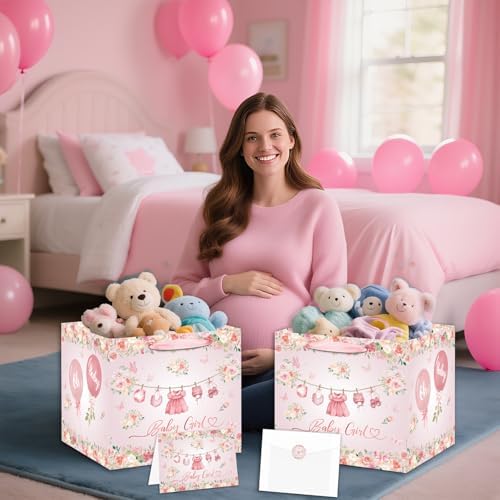 Bolsa de Regalo Jumbo Rosa Floral para Bebé Niña - Extra Grande con Papel de Regalo, Tarjeta, Etiqueta y Sobre para Celebraciones de Nuevos Bebés - imagen 4