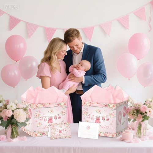 Bolsa de Regalo Jumbo Rosa Floral para Bebé Niña - Extra Grande con Papel de Regalo, Tarjeta, Etiqueta y Sobre para Celebraciones de Nuevos Bebés - imagen 5
