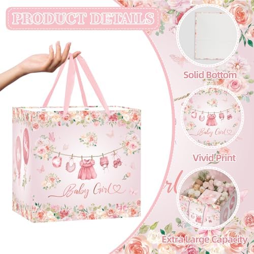 Bolsa de Regalo Jumbo Rosa Floral para Bebé Niña - Extra Grande con Papel de Regalo, Tarjeta, Etiqueta y Sobre para Celebraciones de Nuevos Bebés - imagen 7