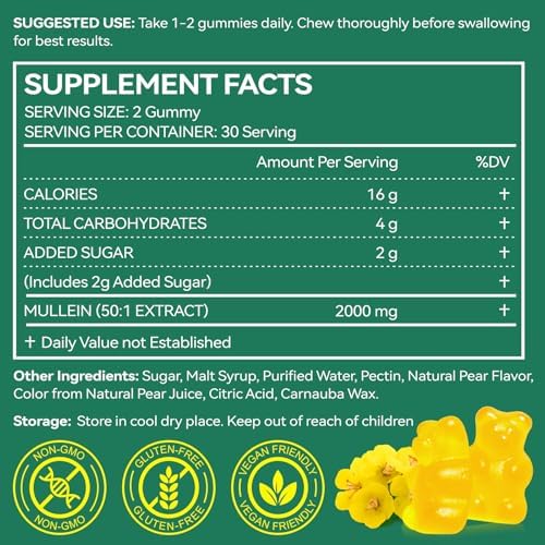 Gomitas de Mullein NIFEISHI para los pulmones, 2000mg de extracto de hoja de Mullein, apoyo respiratorio, digestivo e inmune, sabor pera, 60 gomitas - imagen 2