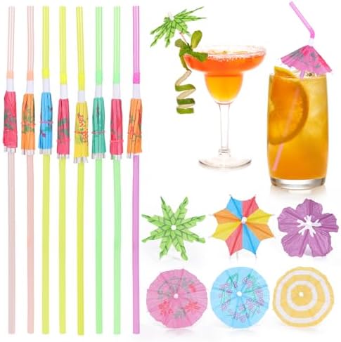 [100 Pzs] Sombrillas de Cóctel con Popotes y Palillos - Popote Colorido de 9.45 y Sombrilla de 4 para Bebidas, Decoraciones de Fiesta Luau, Tropical, - imagen 1