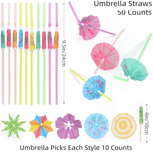 [100 Pzs] Sombrillas de Cóctel con Popotes y Palillos - Popote Colorido de 9.45 y Sombrilla de 4 para Bebidas, Decoraciones de Fiesta Luau, Tropical, - imagen 2