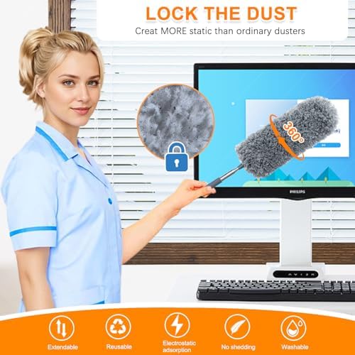 Paquete de 2 Plumero Mini de Microfibra con Mango Extensible, Lavables a Mano, Herramientas de Limpieza para Oficina, Auto, Ventanas y Muebles - imagen 4