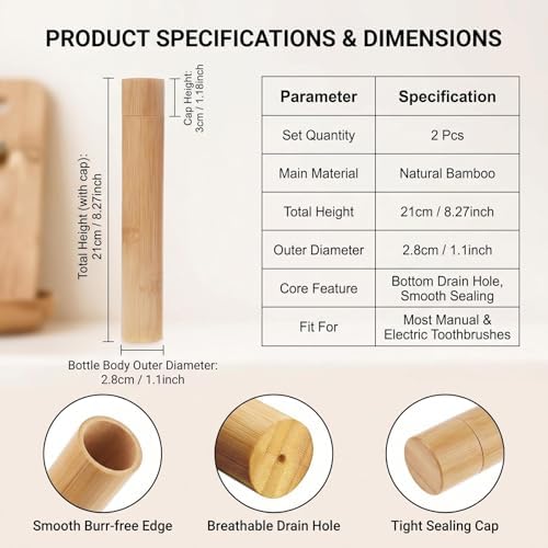 Soporte de Dientes de Bambú Natural - 2 Piezas, Estuche Reutilizable y Portátil con Tapa, Organizador para Viajes y Limpieza Personal - imagen 2