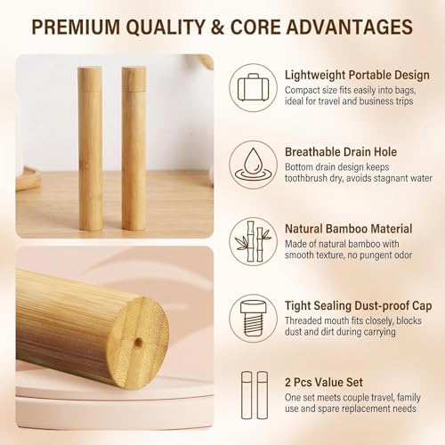 Soporte de Dientes de Bambú Natural - 2 Piezas, Estuche Reutilizable y Portátil con Tapa, Organizador para Viajes y Limpieza Personal - imagen 3