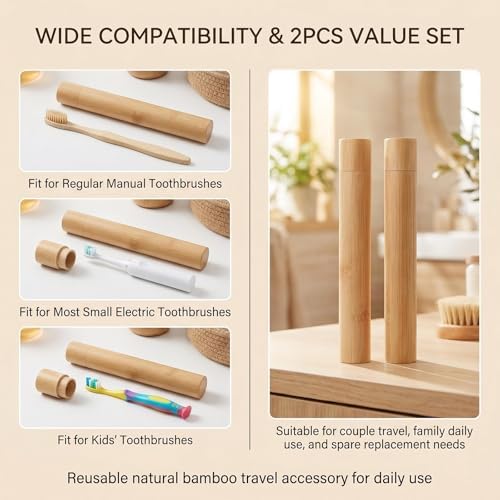 Soporte de Dientes de Bambú Natural - 2 Piezas, Estuche Reutilizable y Portátil con Tapa, Organizador para Viajes y Limpieza Personal - imagen 5