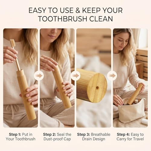 Soporte de Dientes de Bambú Natural - 2 Piezas, Estuche Reutilizable y Portátil con Tapa, Organizador para Viajes y Limpieza Personal - imagen 7