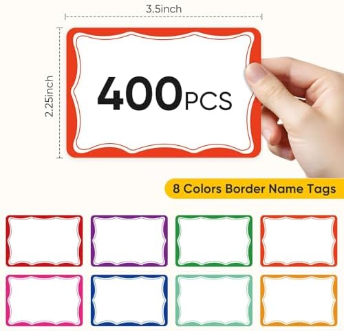 Etiquetas de Nombre en Stickers 3.5x2.25 pulgadas, 400 Piezas, 8 Colores con Borde Ondulado, Ideal para Niños, Aula, Oficina y Conferencias - imagen 2