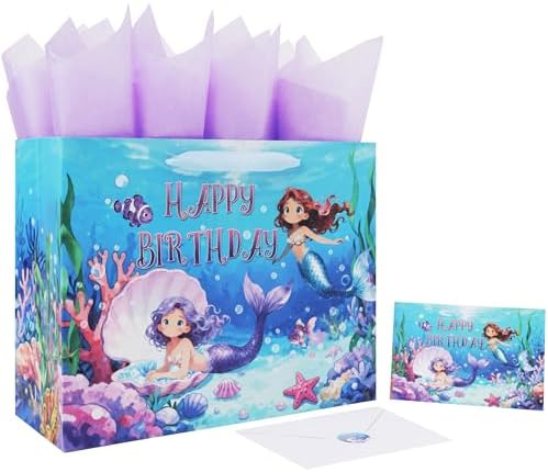 Set de Bolsas de Regalo Qirrmiy de 13'' para Cumpleaños de Sirenas, con Manijas, Tarjeta de Saludo, Papel de Seda Morado y Stickers, 1 Pcs - imagen 1