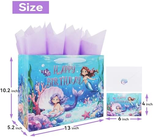 Set de Bolsas de Regalo Qirrmiy de 13'' para Cumpleaños de Sirenas, con Manijas, Tarjeta de Saludo, Papel de Seda Morado y Stickers, 1 Pcs - imagen 2