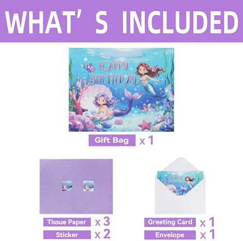 Set de Bolsas de Regalo Qirrmiy de 13'' para Cumpleaños de Sirenas, con Manijas, Tarjeta de Saludo, Papel de Seda Morado y Stickers, 1 Pcs - imagen 3