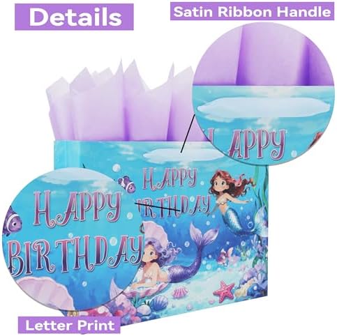 Set de Bolsas de Regalo Qirrmiy de 13'' para Cumpleaños de Sirenas, con Manijas, Tarjeta de Saludo, Papel de Seda Morado y Stickers, 1 Pcs - imagen 4