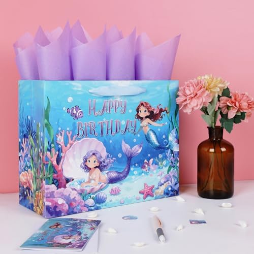 Set de Bolsas de Regalo Qirrmiy de 13'' para Cumpleaños de Sirenas, con Manijas, Tarjeta de Saludo, Papel de Seda Morado y Stickers, 1 Pcs - imagen 5