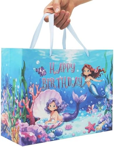 Set de Bolsas de Regalo Qirrmiy de 13'' para Cumpleaños de Sirenas, con Manijas, Tarjeta de Saludo, Papel de Seda Morado y Stickers, 1 Pcs - imagen 6
