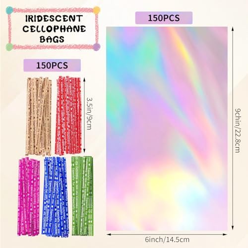 Bolsitas de Celofán Iridiscentes Woric de 150 Piezas con Cintas 6x9 Pulgadas, Bolsas Transparentes para Fiestas, Regalos de Cumpleaños y Baby Showers - imagen 2