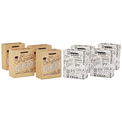 Paquete de 8 Bolsas de Regalo de Graduación Hallmark de 6 (2 Diseños: Kraft Congrats y Grad en Blanco y Negro) para Graduados de Preescolar, - imagen 2
