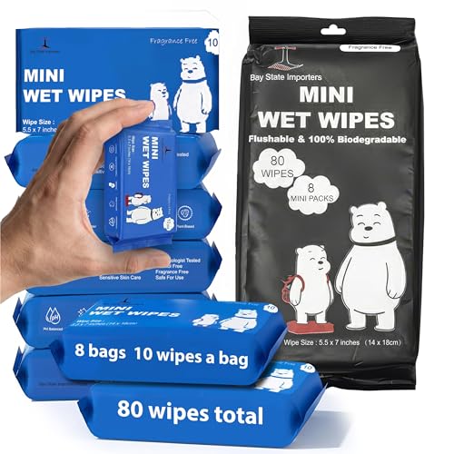 Toallitas Húmedas Mini Flushables Tamaño Viaje - 8 Paquetes (10 Unidades Cada Uno), 80 Toallitas en Total | Envase Individual, Sin Fragancia, a Base - imagen 1