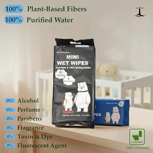 Toallitas Húmedas Mini Flushables Tamaño Viaje - 8 Paquetes (10 Unidades Cada Uno), 80 Toallitas en Total | Envase Individual, Sin Fragancia, a Base - imagen 5