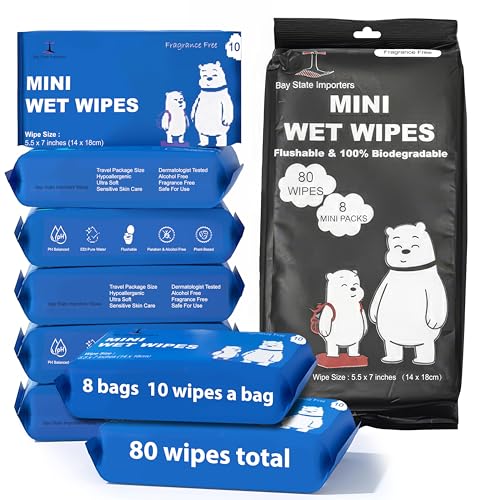 Toallitas Húmedas Mini Flushables Tamaño Viaje - 8 Paquetes (10 Unidades Cada Uno), 80 Toallitas en Total | Envase Individual, Sin Fragancia, a Base - imagen 7