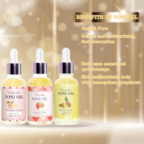 Wovarkie 3PCS Aceite Yoni para Mujeres, Hidratante Vaginal, Desodorante Femenino, Cuidado Natural (Fresa, Durazno, Piña) - imagen 2