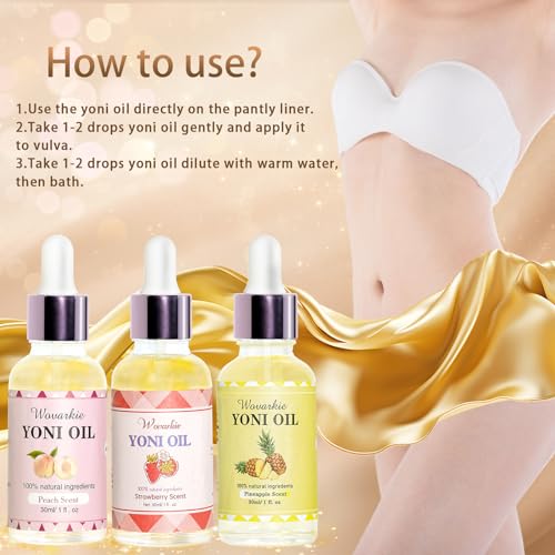 Wovarkie 3PCS Aceite Yoni para Mujeres, Hidratante Vaginal, Desodorante Femenino, Cuidado Natural (Fresa, Durazno, Piña) - imagen 3