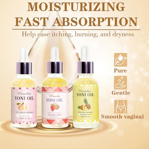 Wovarkie 3PCS Aceite Yoni para Mujeres, Hidratante Vaginal, Desodorante Femenino, Cuidado Natural (Fresa, Durazno, Piña) - imagen 4