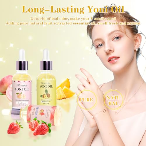 Wovarkie 3PCS Aceite Yoni para Mujeres, Hidratante Vaginal, Desodorante Femenino, Cuidado Natural (Fresa, Durazno, Piña) - imagen 5