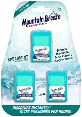 Mountain Breeze Higienizante Bucal Sin Azúcar, Strips de Menta Especiada (24 Strips por Cassette) - Paquete de 1 (3 Cassettes) NUEVO - imagen 1