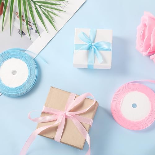 LIQWEI 2 Rollos de Cinta Rosa y Azul, Cinta de Satén Doble Cara para Regalos, Manualidades, Flores, Pasteles de Cumpleaños y Decoraciones de Fiesta - imagen 3