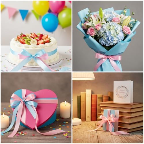 LIQWEI 2 Rollos de Cinta Rosa y Azul, Cinta de Satén Doble Cara para Regalos, Manualidades, Flores, Pasteles de Cumpleaños y Decoraciones de Fiesta - imagen 4