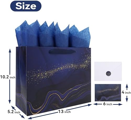 Set de Bolsa de Regalo Grande de Mármol Azul de 13'' con Manijas, Tarjeta de Felicitación, Papel de Seda y Stickers para Hombres, Niños y Fiestas - imagen 2