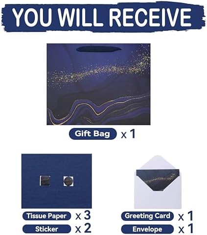 Set de Bolsa de Regalo Grande de Mármol Azul de 13'' con Manijas, Tarjeta de Felicitación, Papel de Seda y Stickers para Hombres, Niños y Fiestas - imagen 3
