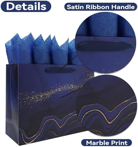 Set de Bolsa de Regalo Grande de Mármol Azul de 13'' con Manijas, Tarjeta de Felicitación, Papel de Seda y Stickers para Hombres, Niños y Fiestas - imagen 4