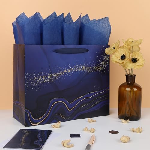 Set de Bolsa de Regalo Grande de Mármol Azul de 13'' con Manijas, Tarjeta de Felicitación, Papel de Seda y Stickers para Hombres, Niños y Fiestas - imagen 5