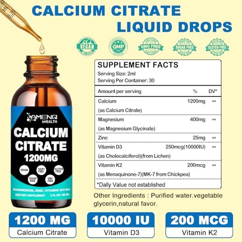 Calcio Citrato 1200 mg con Vitamina D3 K2 - Gotas Líquidas para Huesos y Dientes, Alta Absorción, Vegano, Sin Azúcar, No Transgénico - imagen 7