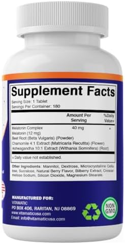 Vitamatic Complejo de Melatonina de Rápida Disolución 40 mg – Sabor a Frutos Rojos – 180 Tabletas | Con Remolacha, Manzanilla y Extracto de - imagen 8