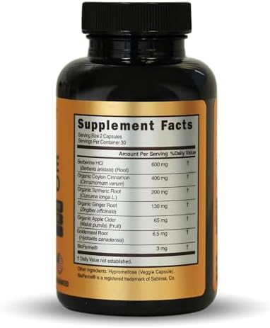 NATURAL Berberina HCl 600mg, Canela de Ceilán Orgánica 400mg, Cúrcuma Orgánica 200mg, Jengibre Orgánico 130mg, Vinagre de Manzana Orgánico 65mg, Raíz - imagen 3