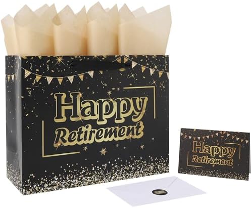 Set de Bolsa Grande Negra de 13'' para Regalo de Jubilación con Asas, Tarjeta de Felicitación, Papel de Seda y Stickers, Diseño de Feliz Jubilación, - imagen 1