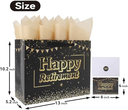 Set de Bolsa Grande Negra de 13'' para Regalo de Jubilación con Asas, Tarjeta de Felicitación, Papel de Seda y Stickers, Diseño de Feliz Jubilación, - imagen 2