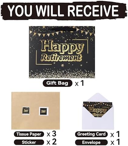 Set de Bolsa Grande Negra de 13'' para Regalo de Jubilación con Asas, Tarjeta de Felicitación, Papel de Seda y Stickers, Diseño de Feliz Jubilación, - imagen 3