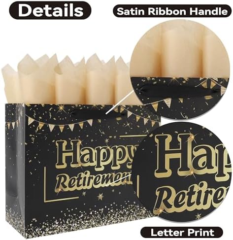 Set de Bolsa Grande Negra de 13'' para Regalo de Jubilación con Asas, Tarjeta de Felicitación, Papel de Seda y Stickers, Diseño de Feliz Jubilación, - imagen 4