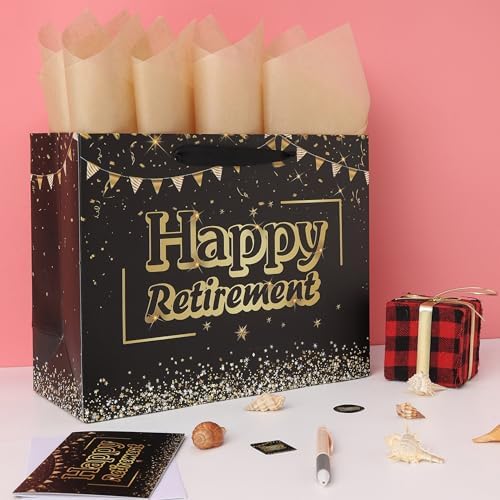 Set de Bolsa Grande Negra de 13'' para Regalo de Jubilación con Asas, Tarjeta de Felicitación, Papel de Seda y Stickers, Diseño de Feliz Jubilación, - imagen 5