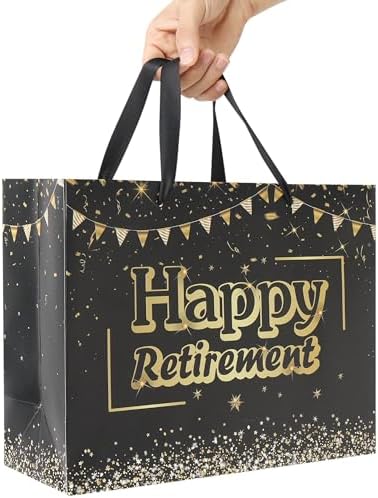Set de Bolsa Grande Negra de 13'' para Regalo de Jubilación con Asas, Tarjeta de Felicitación, Papel de Seda y Stickers, Diseño de Feliz Jubilación, - imagen 6