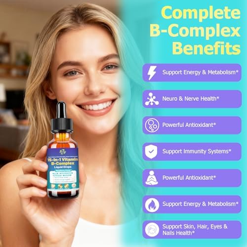 Gotas Líquidas Avanzadas de Complejo de Vitaminas B para Mujeres, Hombres y Niños, 15 en 1 con Vitamina C, B12, B6, B1, Niacina y Folato para Energía - imagen 2