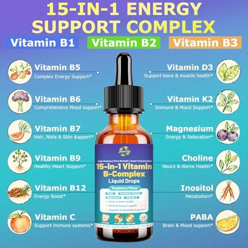 Gotas Líquidas Avanzadas de Complejo de Vitaminas B para Mujeres, Hombres y Niños, 15 en 1 con Vitamina C, B12, B6, B1, Niacina y Folato para Energía - imagen 3
